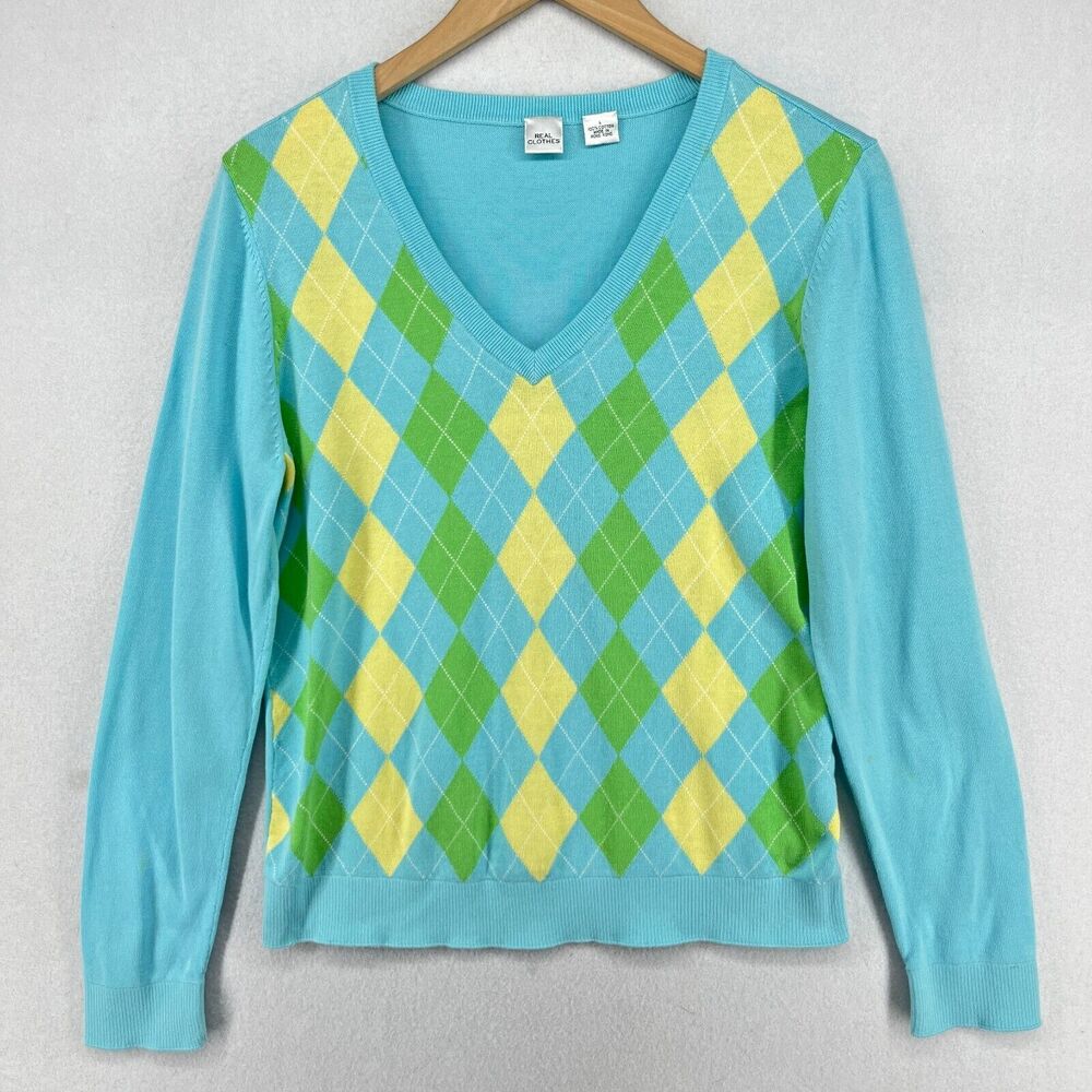 REAL CLOTHES Sweater Womens L Cotton Knit Argyle V-Neck Long Sleeve Blue HK